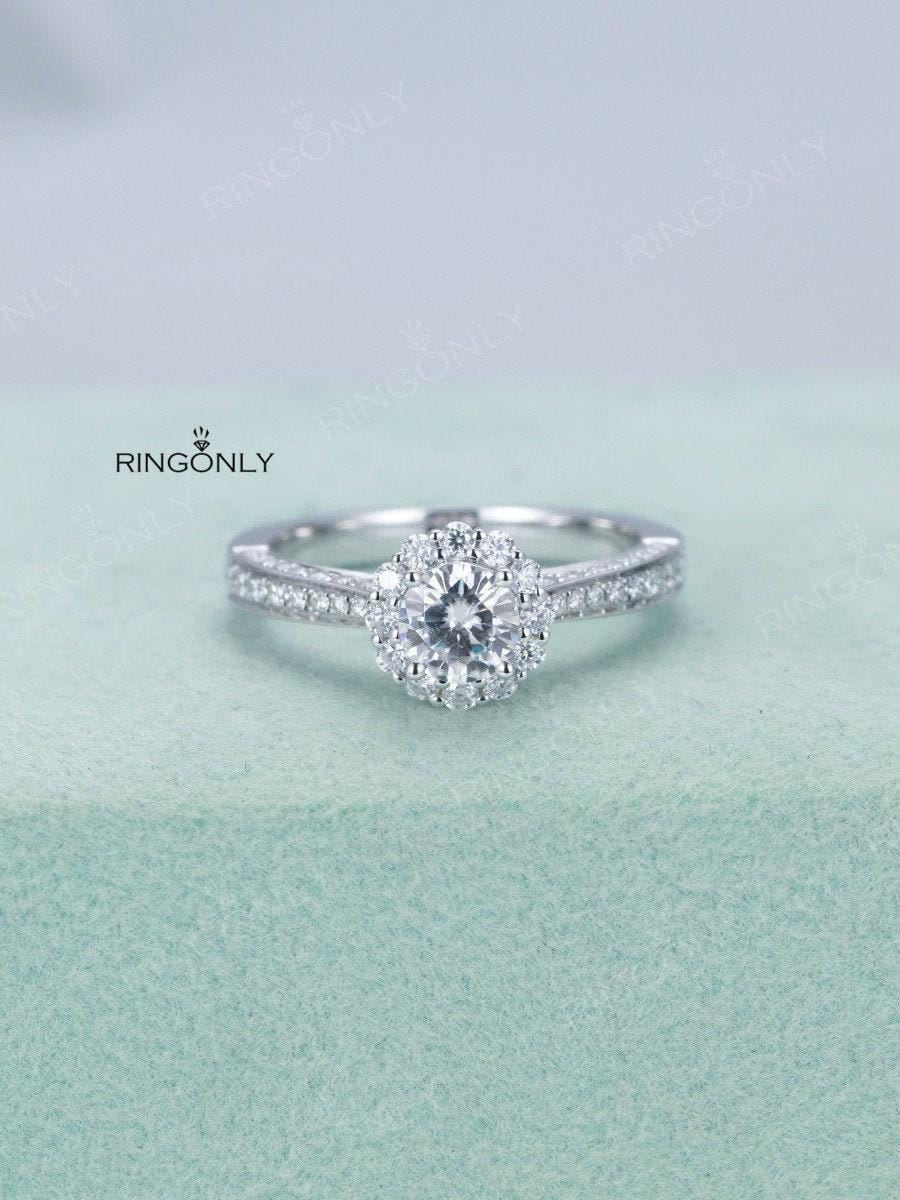 Einzigartige Moissanite Verlobungsring Antike Frauen Halo 14 Karat Gold Ring Vintage Weißgold Brautring Micro Pflastern Schmuck Versprechen von RingOnly