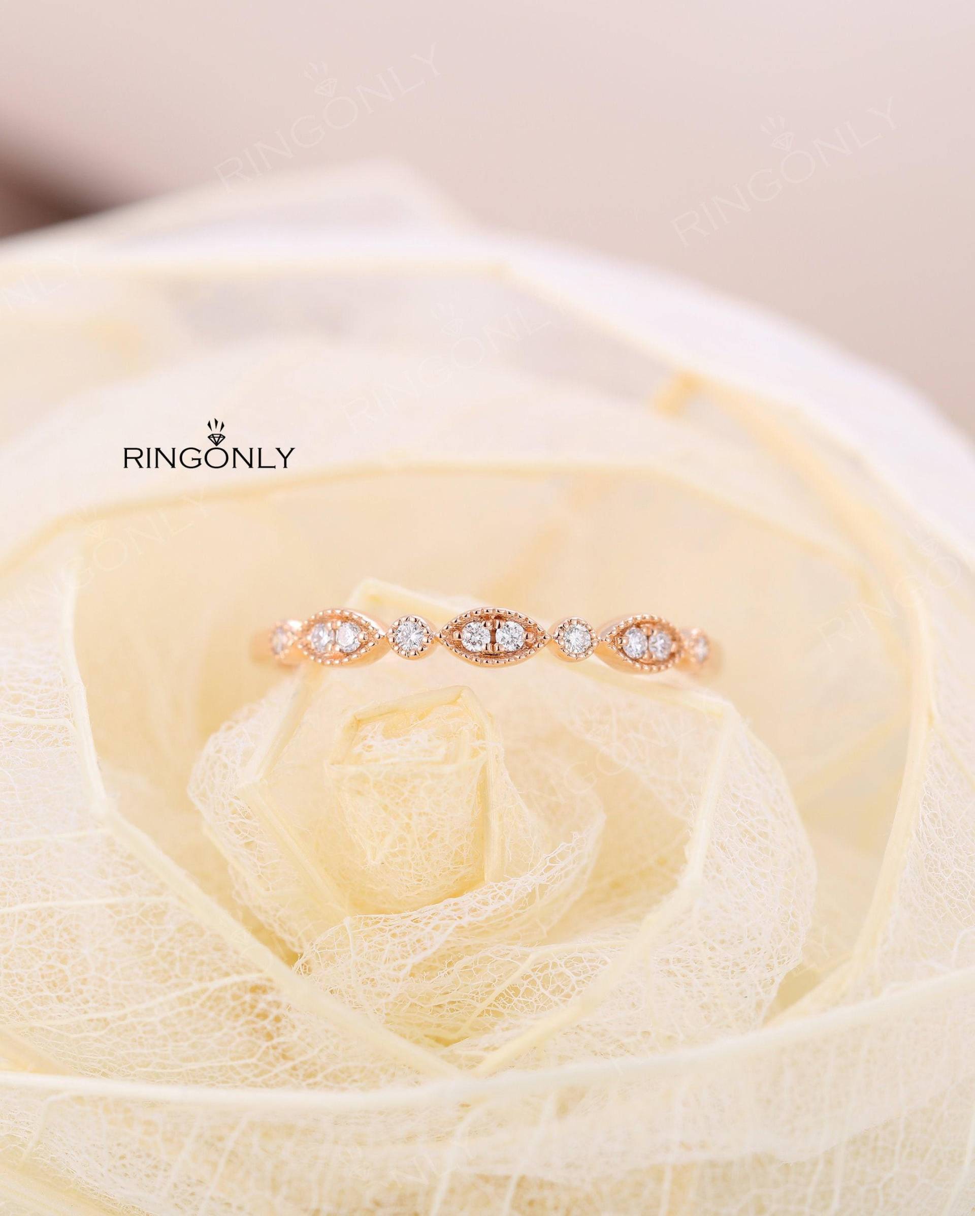 Gelb Gold Ehering, Vintage Stapeln Brautring, Hälfte Eternity Diamant/Moissanite Ring, Einzigartige Stapelring, Versprechen Ring von RingOnly