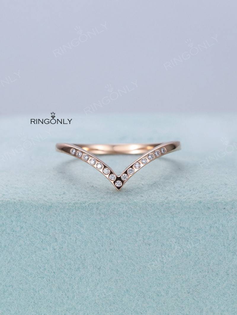 Geschwungener Diamant Ehering Frauen Roségold Passend Stapeln Einfacher Zarter Zierlicher Einzigartiger Schmuck Braut Jahrestag Versprechen von RingOnly