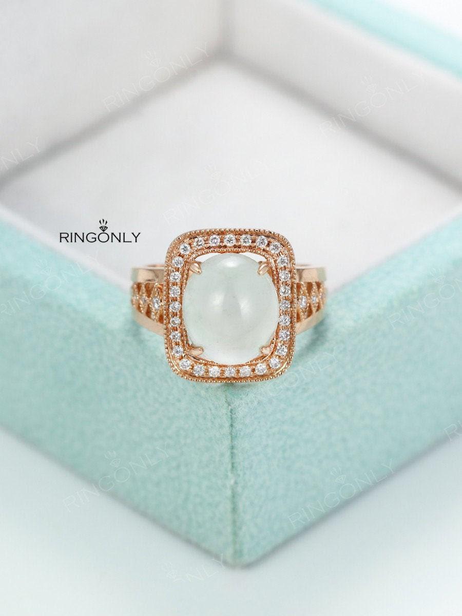 Jadeit Ring Rosegold Verlobungsring Vintage Art Deco Hochzeit Frauen Einzigartige Halo Diamant Oval Brautset Versprechen Jahrestag von RingOnly
