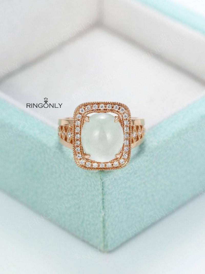 Jadeit Ring Rosegold Verlobungsring Vintage Art Deco Hochzeit Frauen Einzigartige Halo Diamant Oval Brautset Versprechen Jahrestag von RingOnly