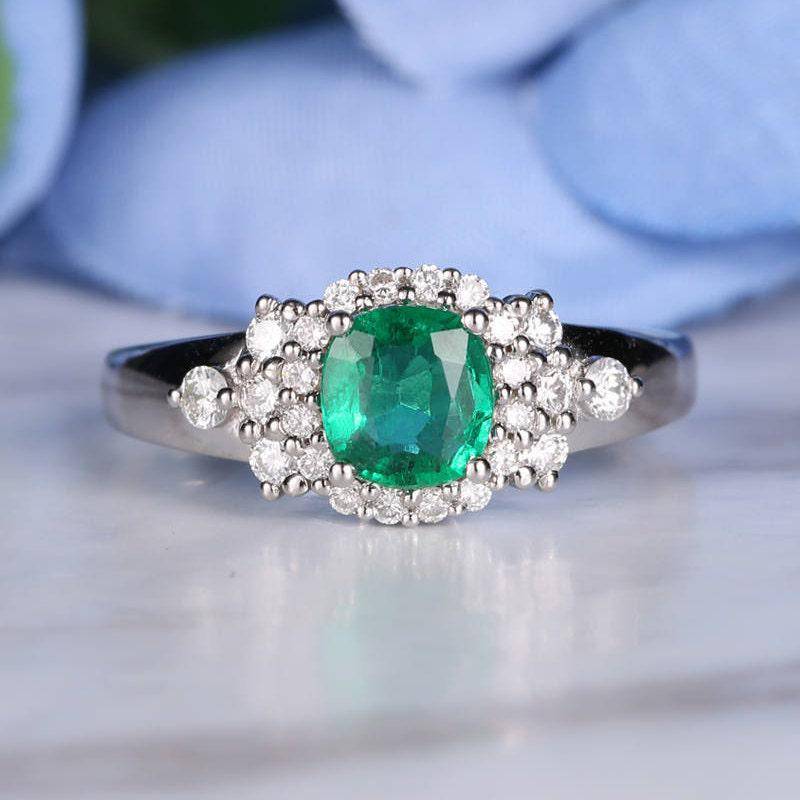 Lab Emerald Verlobungsring Weißgold Halo Alternative Zarte Diamant Ring Einzigartige Versprechen Kissenschliff Schmuck Jahrestag Geschenk Für Frauen von RingOnly
