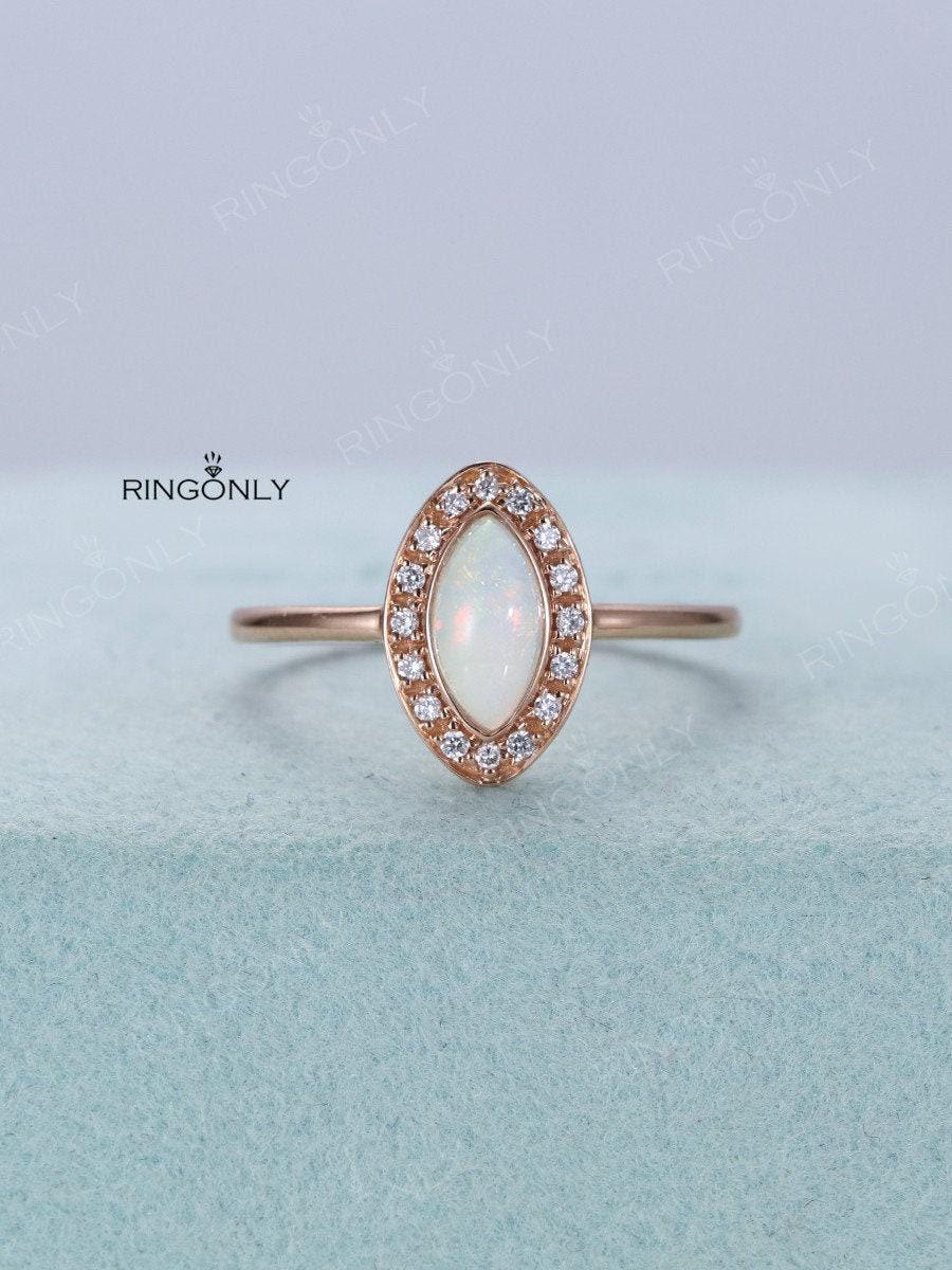Marquise Opal Verlobungsring Frauen Rosegold Halo Diamant Vintage Einzigartiger Schmuck Jahrestag Lünette Prong Set Versprechen Antik von RingOnly