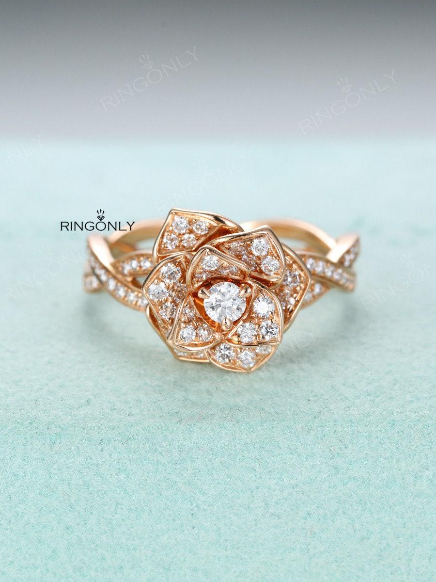 Moissanite Verlobungsring Rose Gold Vintage Frauen Hochzeit Einzigartige Blumen Schmuck Jahrestag Statement Alternative Twisted Band von RingOnly