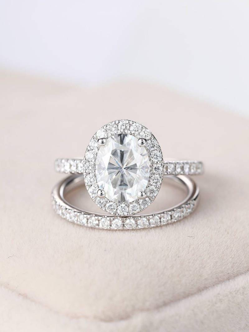 Moissanite Verlobungsring Set Vintage Art Deco Eternity Trauring Damen Weißgold Antik Oval Halo Brautschmuck Jahrestag Tag von RingOnly