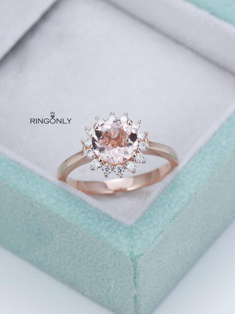 Morganit Verlobungsring Mit Heiligenschein Moissanit Rose Gold Ring Für Frauen Einzigartige Schmuck Hochzeit Vintage Versprechen Jahrestag von RingOnly