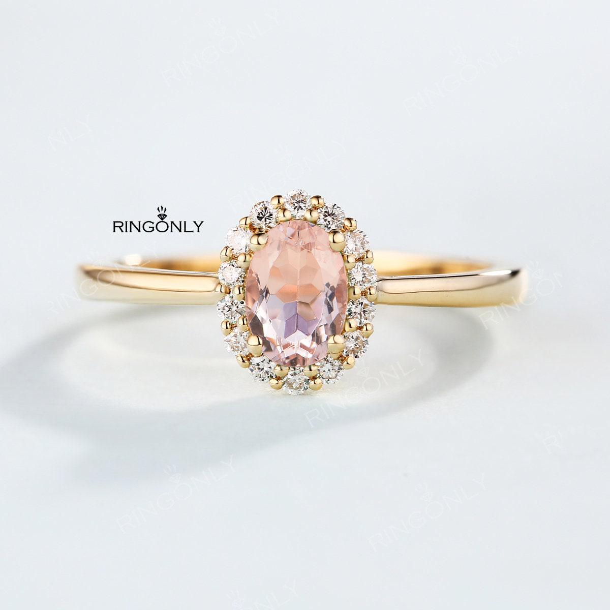 Morganit Verlobungsring Vintage Frauen Ovalschliff Hochzeit Diamant Halo Set Brautschmuck Versprechen Jahrestag von RingOnly