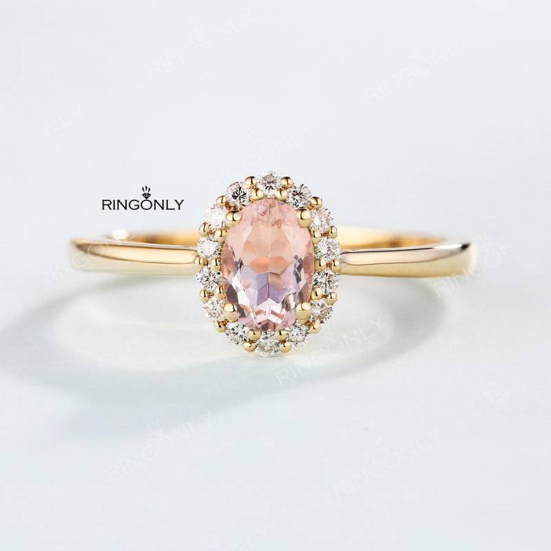 Morganit Verlobungsring Vintage Frauen Ovalschliff Hochzeit Diamant Halo Set Brautschmuck Versprechen Jahrestag von RingOnly