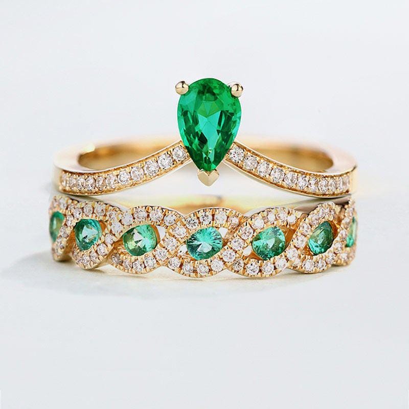 Pear Lab Emerald Verlobungsring Gelbgold Art-Deco-Ring Vintage-Verlobungsring-Set Halbe Ewigkeit Ehering Frauen Jahrestagsring von RingOnly