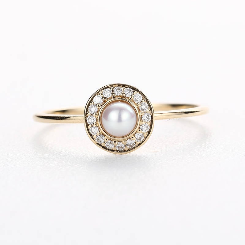 Perle Verlobungsring Einzigartige Frauen Hochzeit Halo Diamant Brautschmuck Set Passend Jahrestag Birthstone von RingOnly