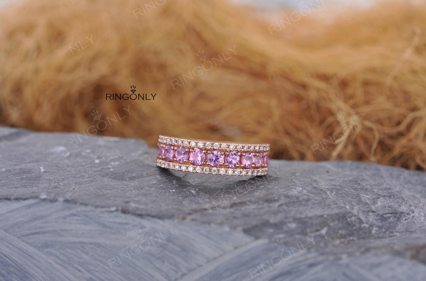 Rosa Saphir Ring Diamant Verlobungsring Roségold Damen Hochzeit Stacking Jahrestag Brautschmuck Halbe Ewigkeit Micro Pave von RingOnly