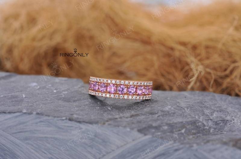 Rosa Saphir Ring Diamant Verlobungsring Roségold Damen Hochzeit Stacking Jahrestag Brautschmuck Halbe Ewigkeit Micro Pave von RingOnly