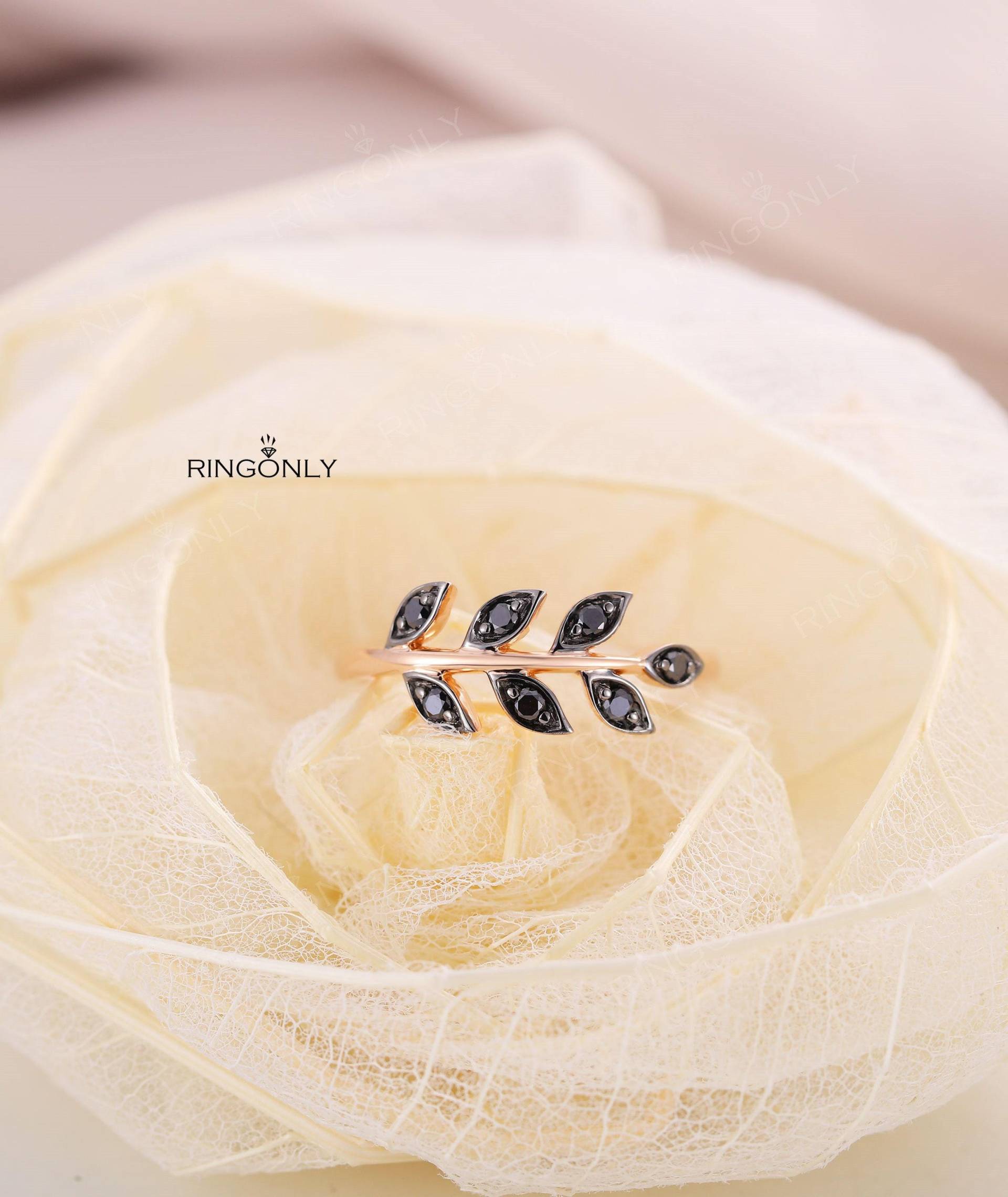 Rose Gold Ring Hochzeit Schwarzer Diamant Einzigartiges Geschenk Für Frauen Alternative Blatt Braut Schmuck Versprechen Statement Jahrestag von RingOnly