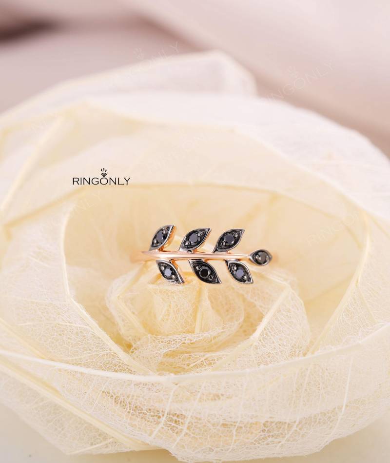 Rose Gold Ring Hochzeit Schwarzer Diamant Einzigartiges Geschenk Für Frauen Alternative Blatt Braut Schmuck Versprechen Statement Jahrestag von RingOnly