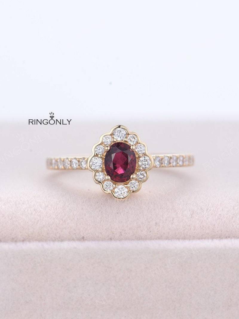 Rubin Verlobungsring Art-Deco-Weinlese-Blumen-Frauen Hochzeit 14K Rose Gold Halo-Schmuckset Halbe Ewigkeit Diamanten Zarte Cluster Jahrestag Schmuck von RingOnly