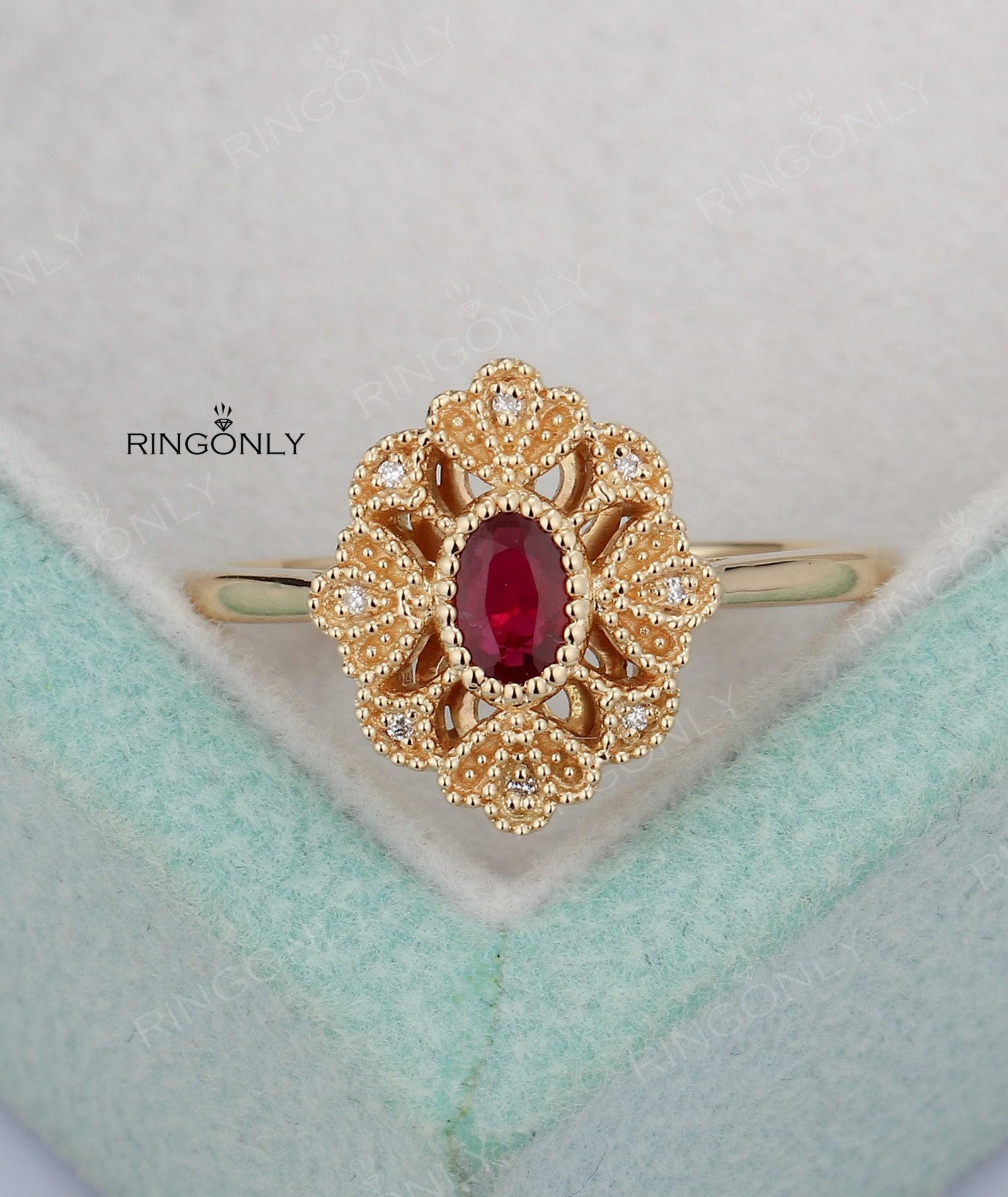 Rubin Vintage Verlobungsring, Diamant Ehering, Art-Deco-Milgrain, Personalisierte Ring Frauen, Antiker Art-Deco-Ring, Jahrestag von RingOnly