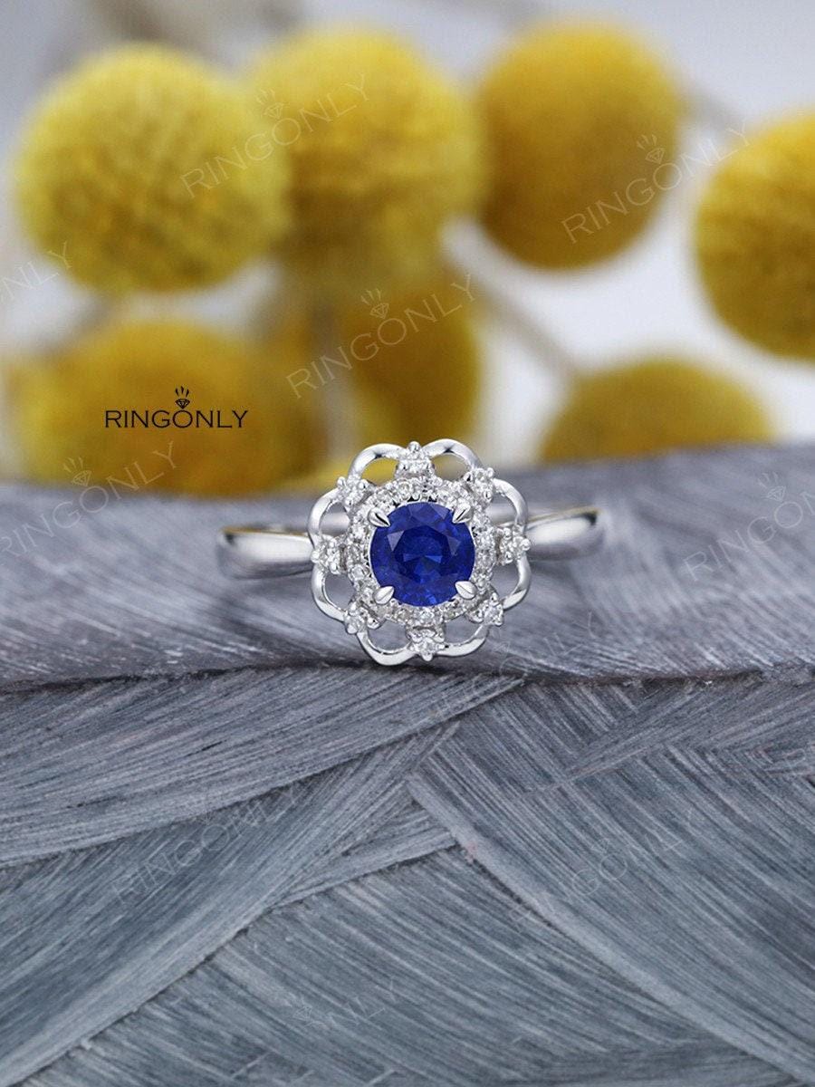 Saphir Verlobungsring Frauen Hochzeit Halo Set Moissanite Vintage Antik Blumen Einzigartiger Brautschmuck Jahrestag Versprechen von RingOnly