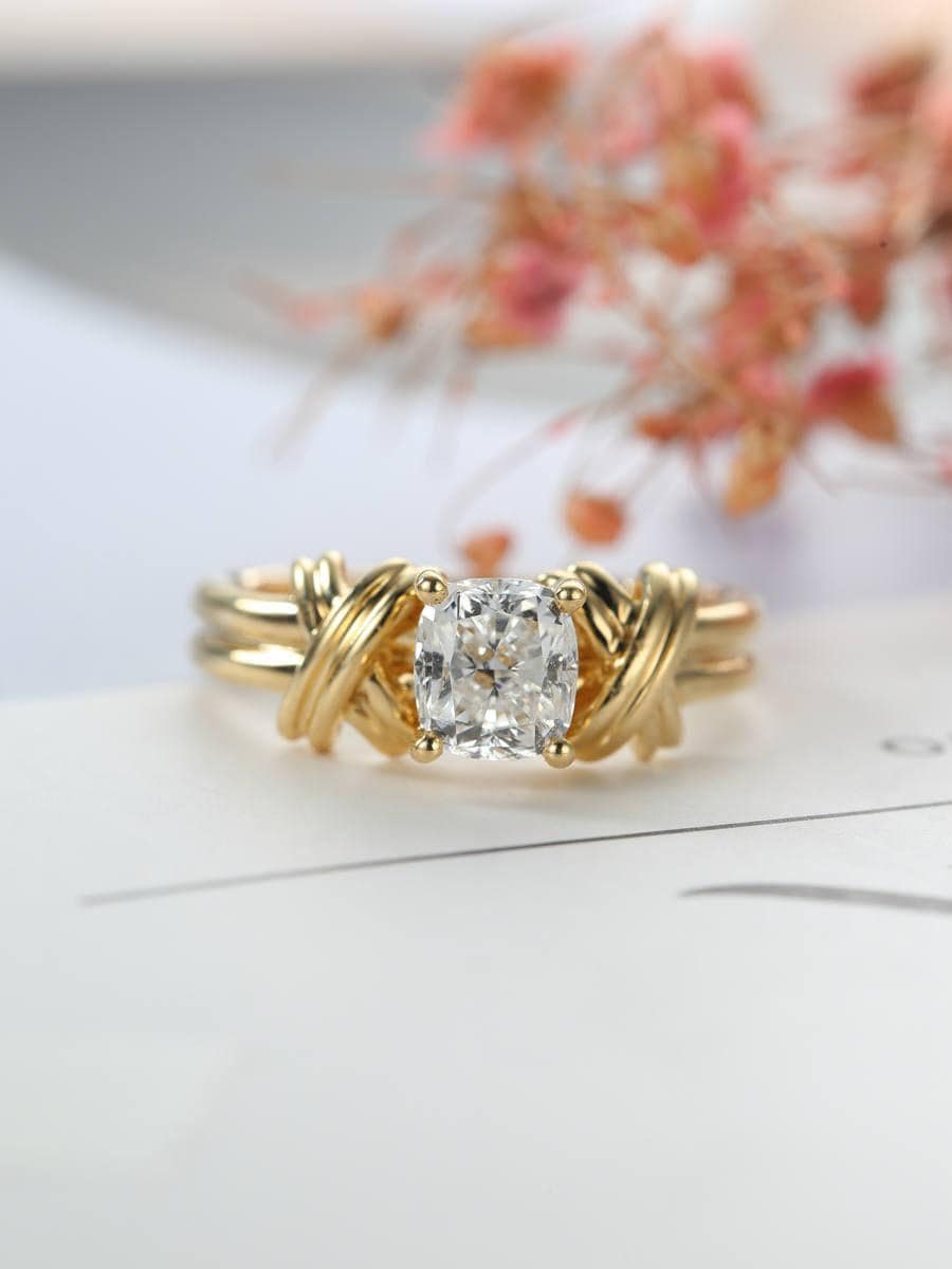Vintage Verlobungsring Moissanite Frauen Hochzeit Antik Solitär Kissenschliff Einzigartige Doppelband Schmuck Jahrestag Geschenk von RingOnly