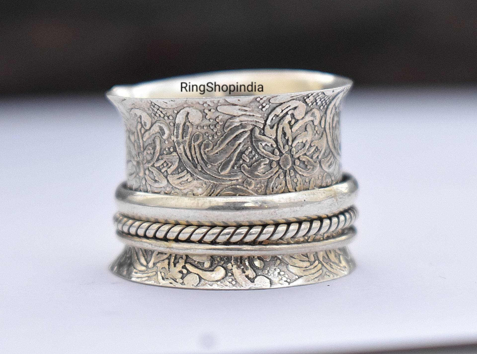 925 Sterling Silber Spinner Band Ring Geschnitzt Floral Für Frauen, Handgemachter Schmuck Gigft von RingShopIndia