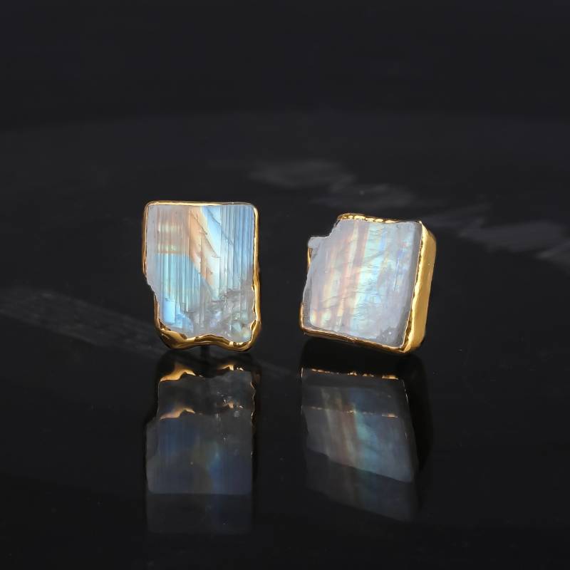 Regenbogen Mondstein Ohrringe 24K Gold Getaucht, 14K Fill Beiträge, Juni Geburtsstein von Ringcrush