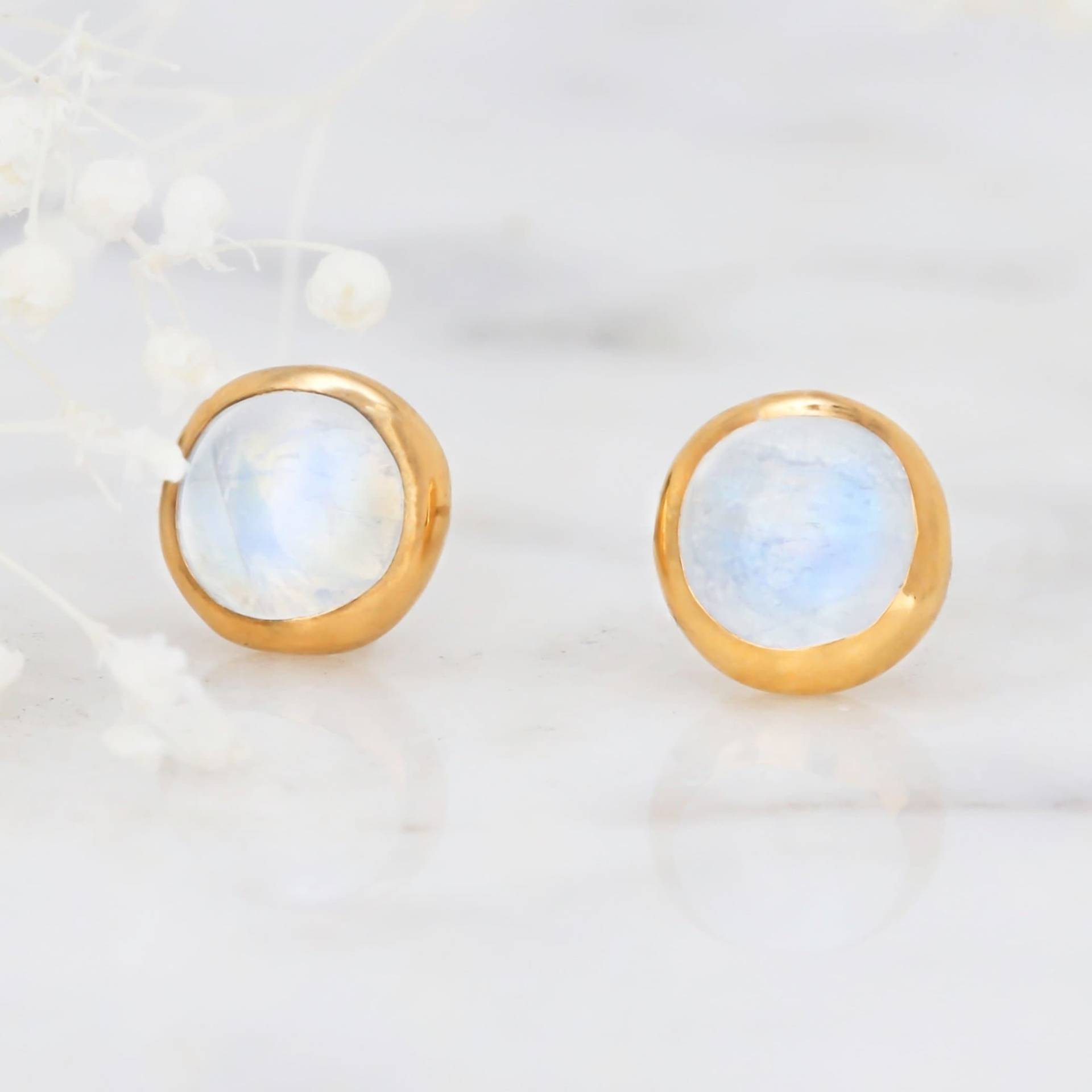 Regenbogen Mondstein Ohrstecker 24K Gold Filled Band, Juni Geburtsstein von Ringcrush