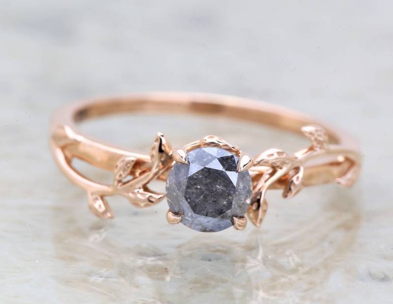 Salz Und Pfeffer Diamant Verlobungsring 14K Rosegold Leafert Ehering von Ringdiamondstudio