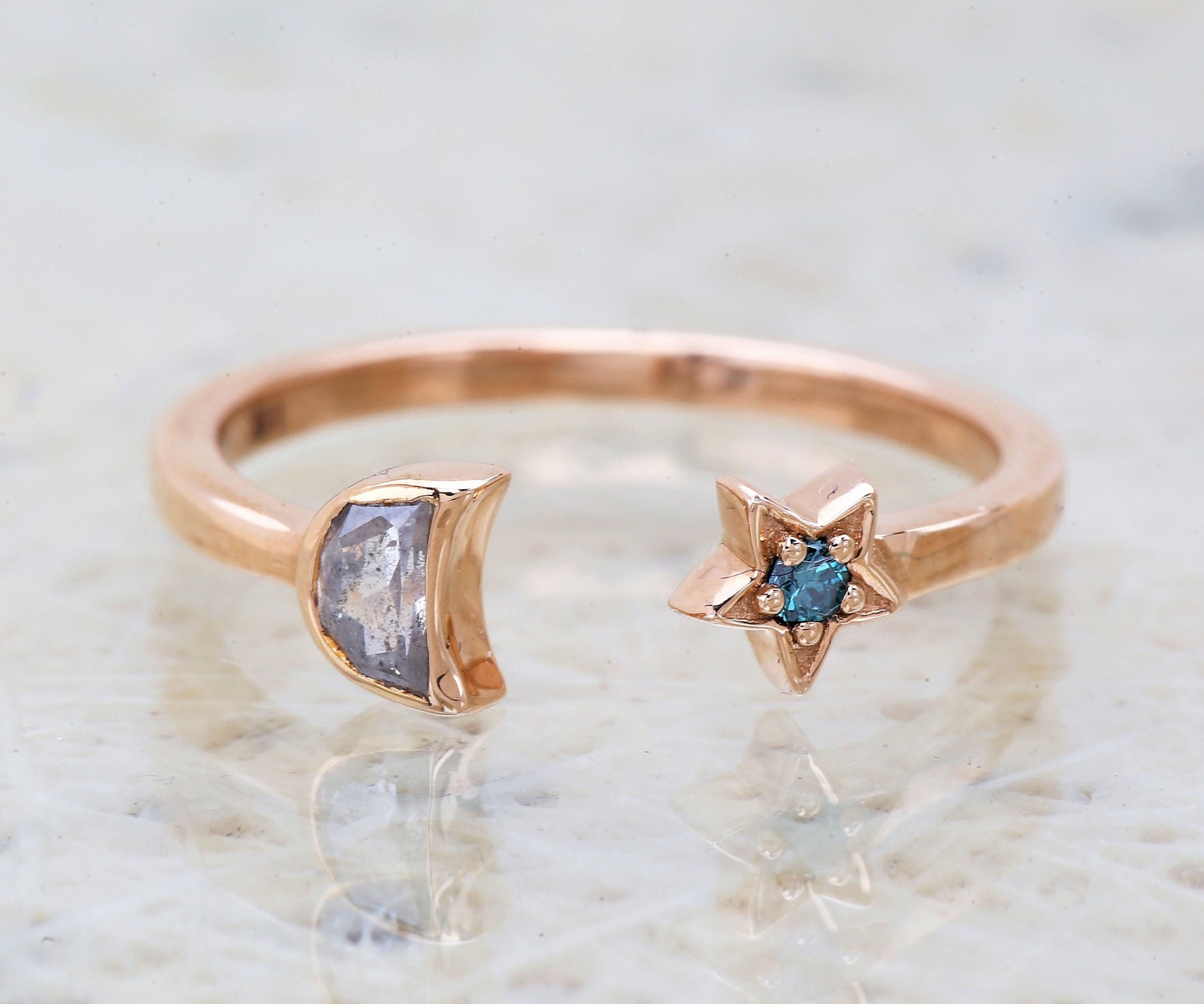 0.31 Ct Salz Und Pfeffer Diamantring, Halbmond Diamantring Aus 14K Rosegold, Ehering, Geschenk Für Sie von Ringdiamondstudio