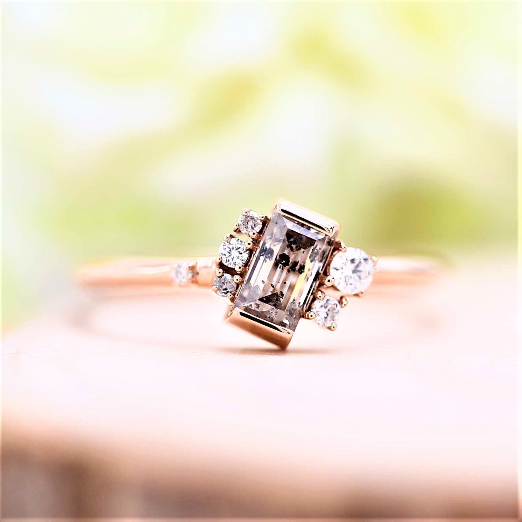 Salz Und Pfeffer Ring, Diamantring Im Smaragdschliff, Naturdiamant Für Verlobungsring, 14K Roségoldring, Ehering, Geschenk Sie von Ringdiamondstudio