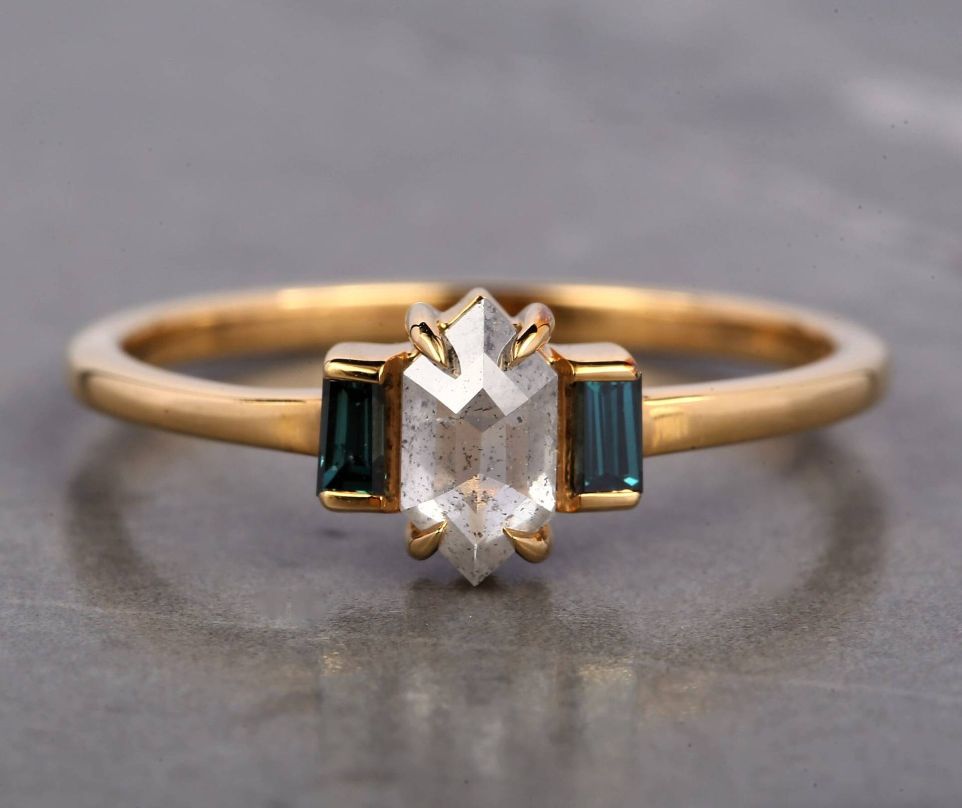 Salz Und Pfeffer Verlobungsring 14K Gold Ring Natürlicher Hexagon Diamant Für Art Deco Ehering Geschenk Sie von Ringdiamondstudio