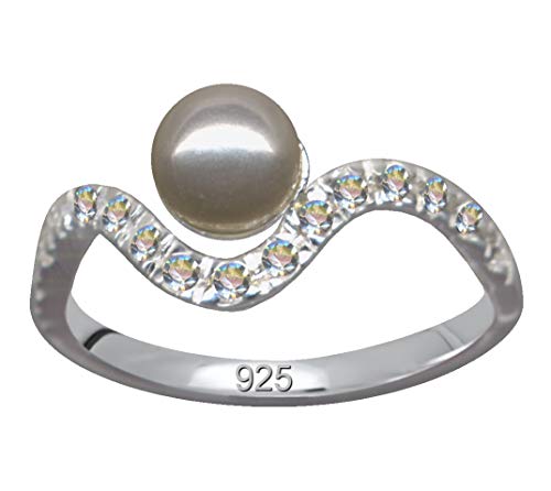 Fingerring Ring Perle Hellgrau Echt Sterling Silber 925 Zirkonia Kristalle Liebe Glaube Hoffnung Emotion Symbol Motiv Stil Objekt extravagant neu gut schön modisch weiss klar transparent von Ringe 925 Silber