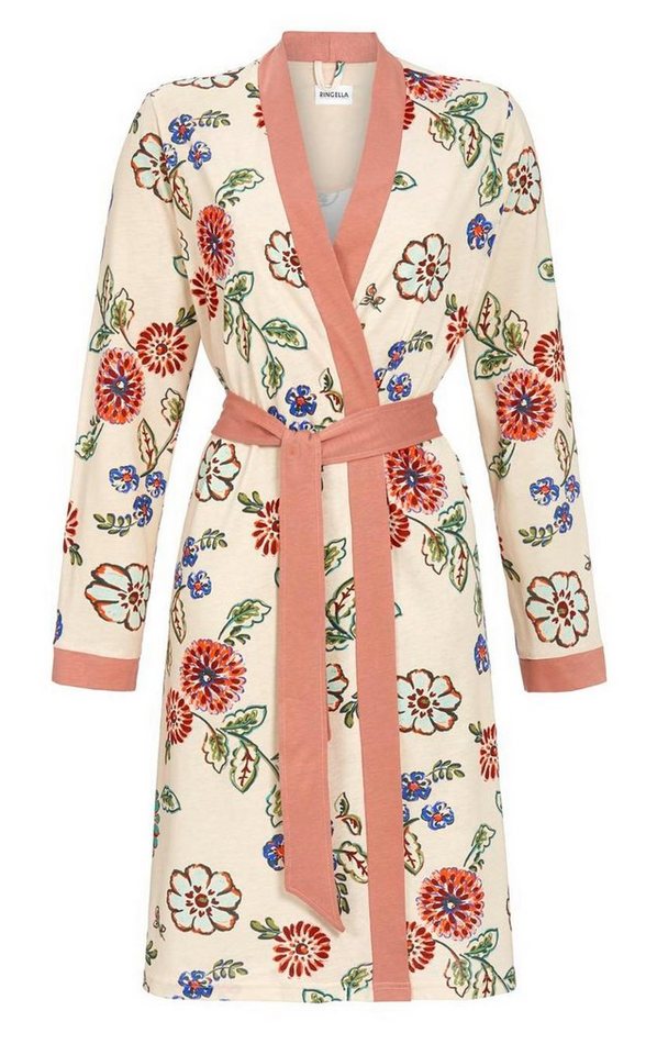 Ringella Kimono Damen Wickelmantel Blumendesign, Midi, Baumwollmischung, Kimono-Kragen, Gürtel, Modisches Design von Ringella