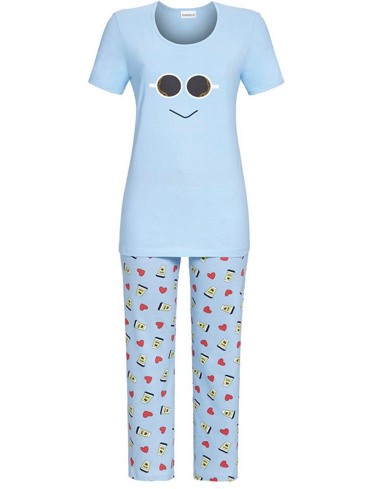 Ringella Pyjama Damen Kurzarm Schlafanzug "Smiley" mit 7/8 Hose 2211201 - Hellblau von Ringella
