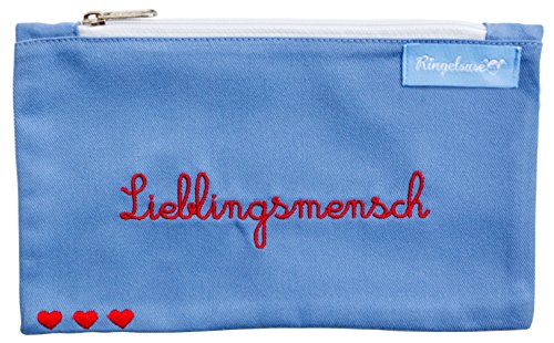 Kosmetiktäschchen Geschenk Lieblingsmensch Blau Rote Stickerei Damen 12 x 20 cm Baumwolle Fair Trade Ringelsuse von Ringelsuse