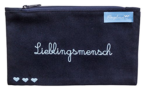 Kosmetiktäschchen Geschenk Lieblingsmensch Dunkelblau Blaue Stickerei Damen 12 x 20 cm Baumwolle Fair Trade Ringelsuse von Ringelsuse