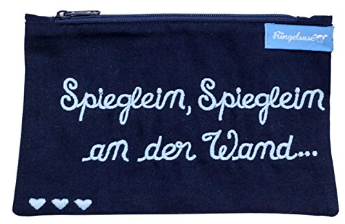 Kosmetiktäschchen Damen Spieglein an der Wand Dunkelblau Blaue Stickerei 12 x 20 cm Baumwolle Fairtrade Ringelsuse von Ringelsuse