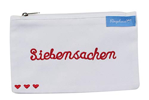 Kosmetiktäschchen Siebensachen Weiß Rot Bestickt Damen 12 x 20 cm Baumwolle Fair Trade Ringelsuse von Ringelsuse