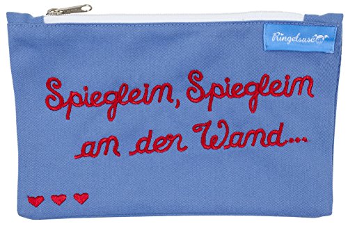 Kosmetiktäschchen Damen Spieglein an der Wand Blau Rote Stickerei 12 x 20 cm Baumwolle Fairtrade Ringelsuse von Ringelsuse