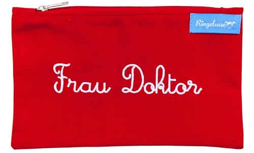 Roter Kosmetikbeutel zum Uniabschluss Frau Doktor 12 x 20 cm Baumwolle Ringelsuse von Ringelsuse