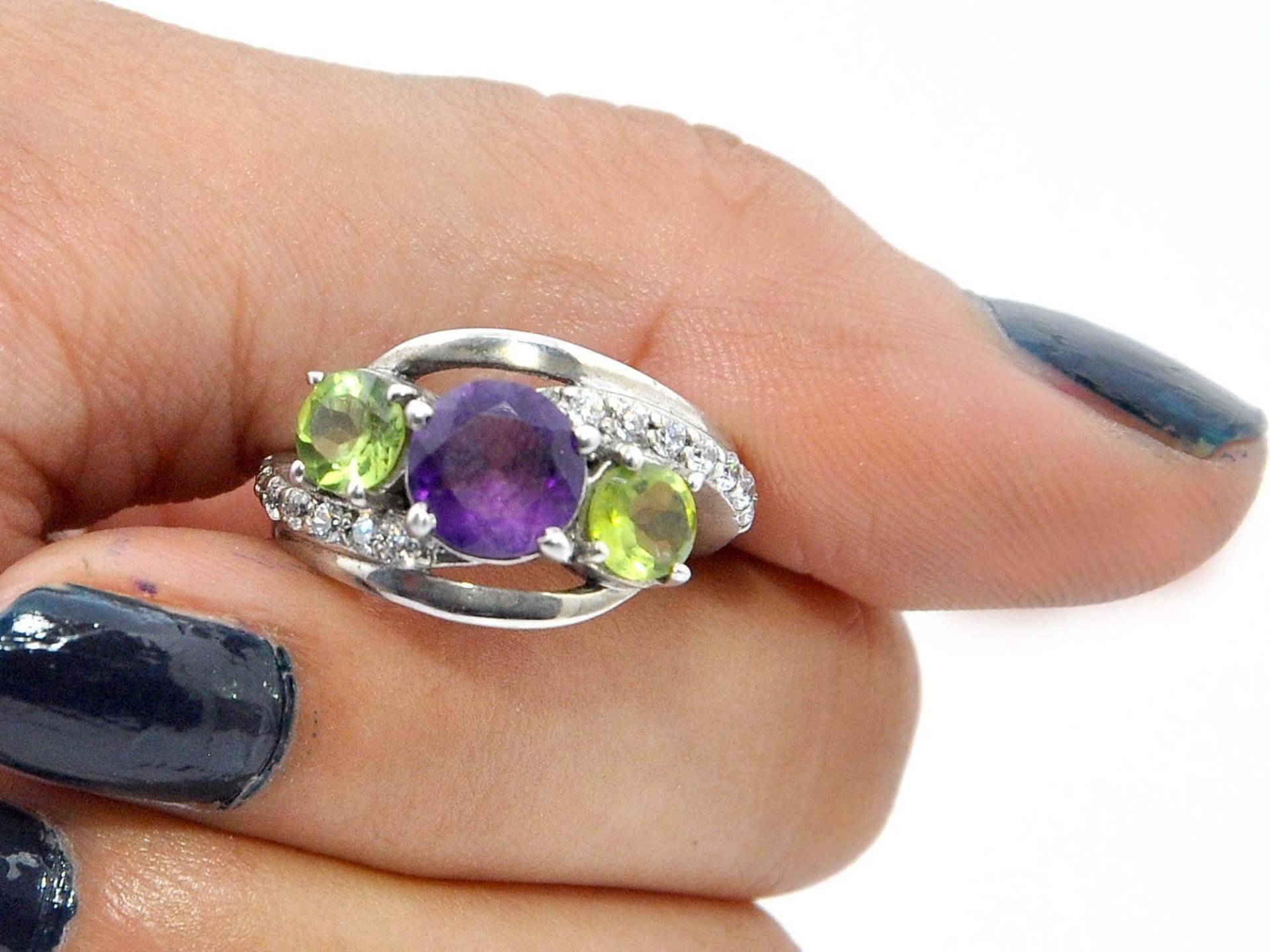 Amethyst Und Peridot Ring, 925 Sterling Silber Multi Stein Rund Edelstein Statement Versprechen Geschenk Für Sie von RingsOfMemory