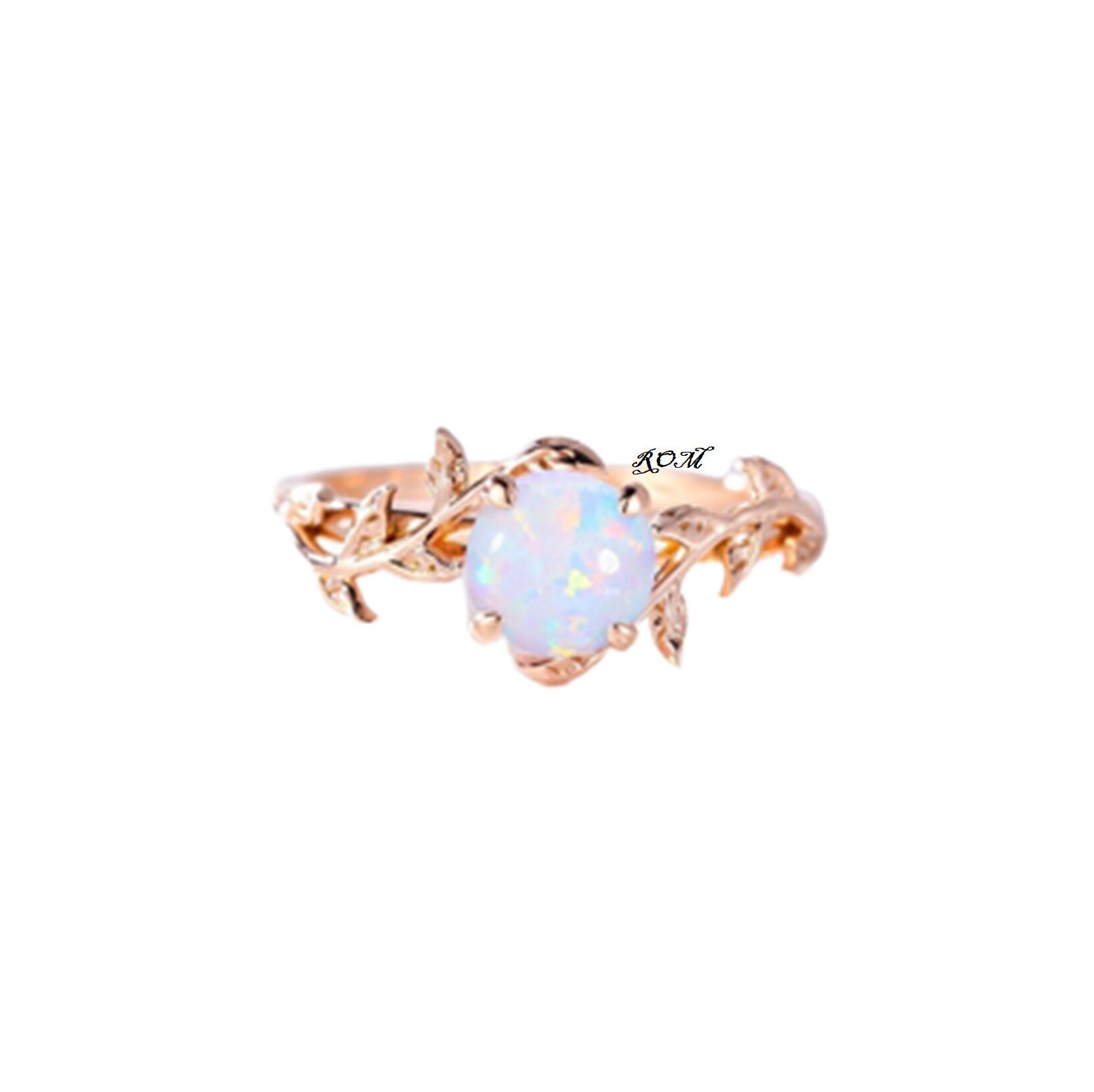 Natürlicher Opal Verlobungsring, Blatt Blume Ring, 14K Roségold Art Deco Zierlicher Jahrestag Geschenk, Solitär Ring Für Frauen von RingsOfMemory