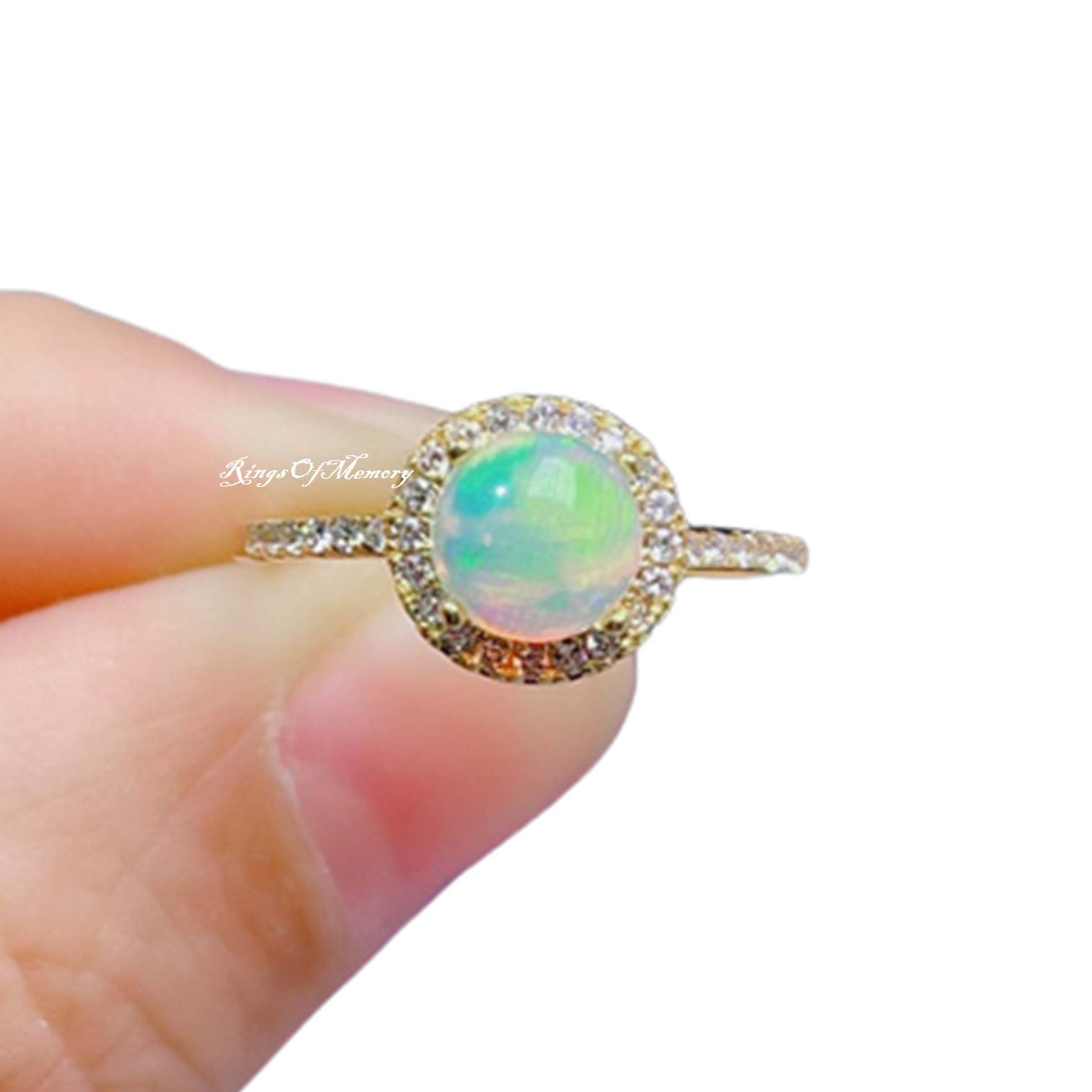 Opalring, Opal Ehering, 14K Gold Band, Oktober Geburtsstein, Zierlicher Ring, Statement Halo Verlobungsversprechen Ring von RingsOfMemory