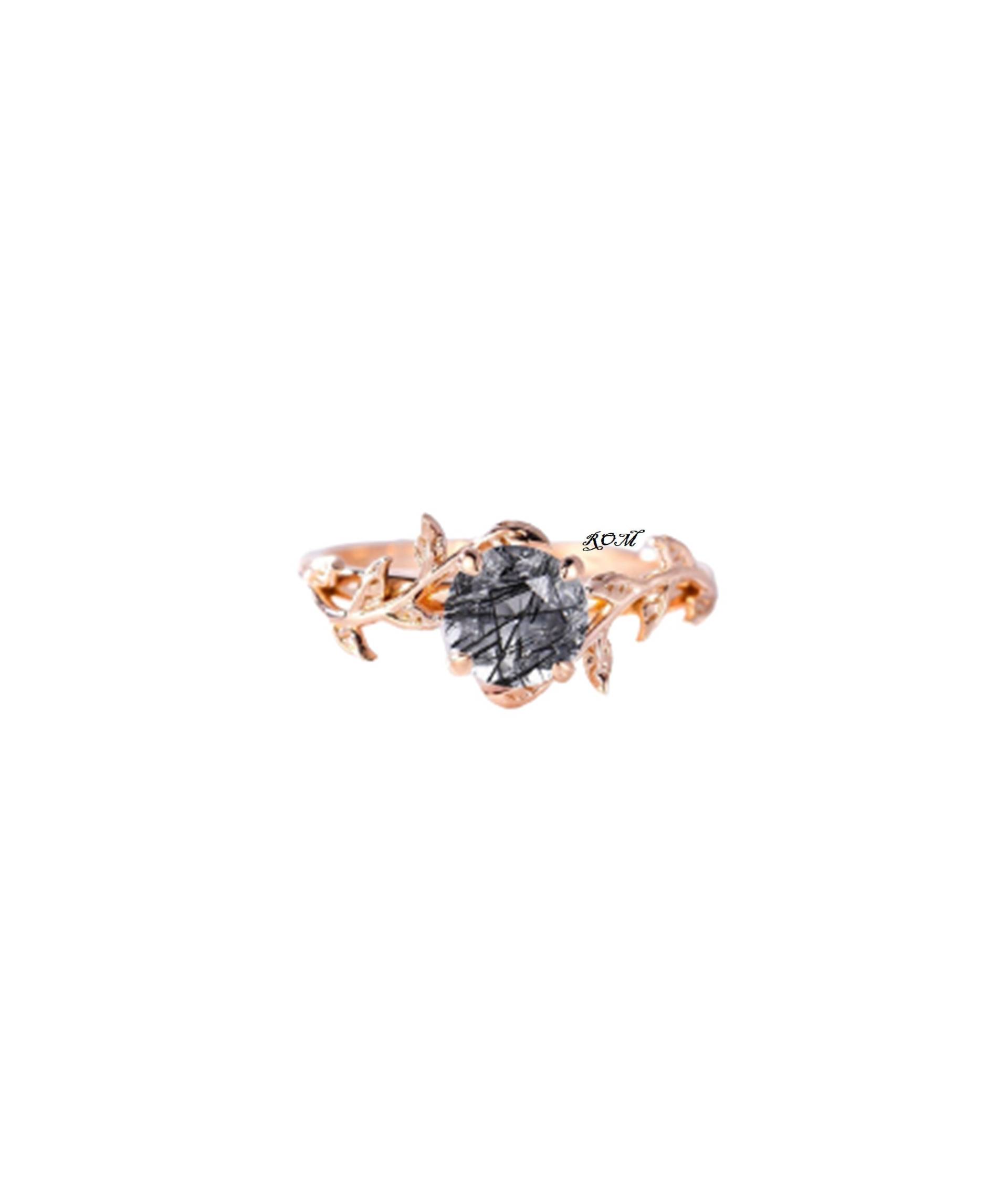 Schwarzer Rutilquarz Verlobungsring Vintage Ring Blatt Rundschliff Rose Gold Jubiläumsring, Zweig Ring, Twist von RingsOfMemory