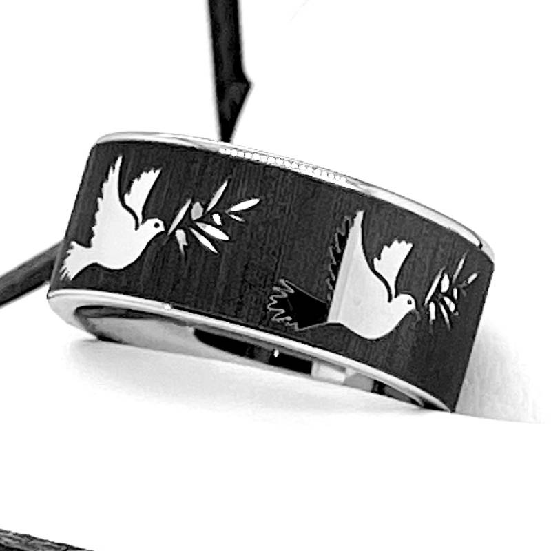 Ring Mit Olivenzweig Und Taube | Silberner Wolframkarbidring Ehering „Friede Liebe" Individuell Graviert Verlobungsring Für Sie Ihn von RingsParadise