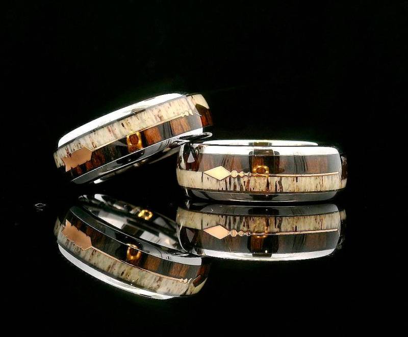 Wolframring - Ehering Aus Geweih Und Holz Mit Pfeil Roségold | Verlobungsring Wolframkarbid Für Sie Ihn Langlebig Hypoallergen von RingsParadise