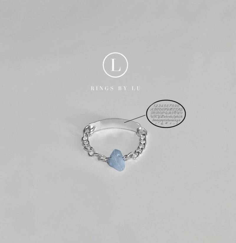 Ring Graviert Edelstein Heilstein Chain Personalisiert Rostfrei Crystal Unisex Lightweight Verstellbar Adjustable Engraved Aquamarine von RingsbyLuu
