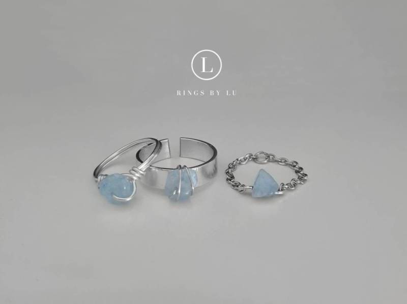 Ringe 3Er Set Heilstein Edelstein Rostfrei Wasserfest Aquamarine Obsidian Angelite Kyanite Aventurine Quartz Turquoise Tiger Eye Larimar von RingsbyLuu