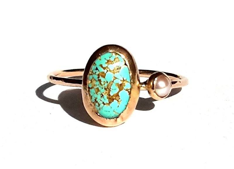 14K Solid Gold Türkis Und Perle Ring-Türkis Verlobungsring-Türkis Gold Ring-Dezember Birthstone Ring-Zierlicher Ring-Multi Steine Ring von Ringsland