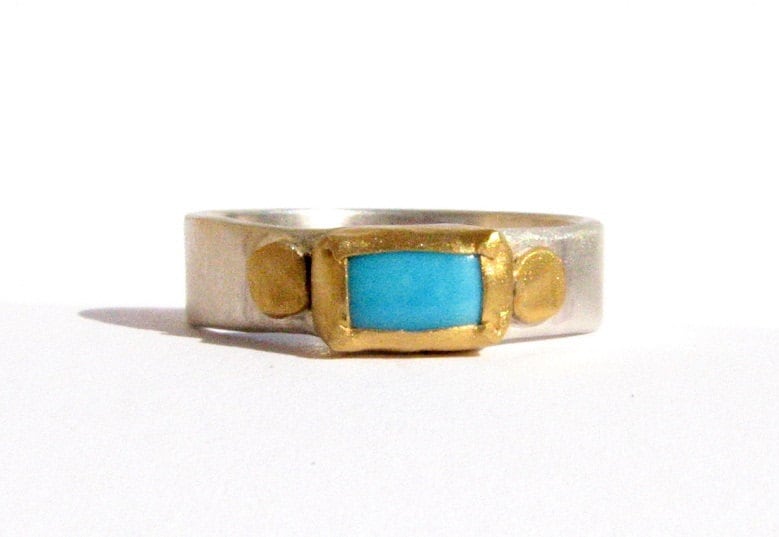 24K Gold Natürlicher Türkis Und Silber Ring-stacking Ring-Mixed Metals Ring-24K Schmuck-Solid Ring-Handmade Ring von Ringsland