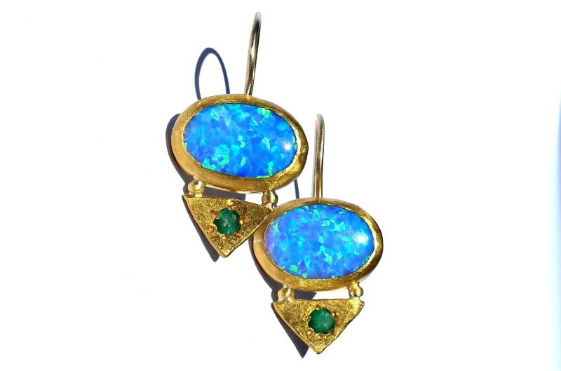 24K Große Blau Opal Und Smaragd Tropfen Ohrringe-24K Solid Gold Ohrringe -Opal Gold-stein Ohrringe-Smaragd Ohrringe-Made To Order von Ringsland