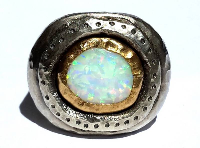 Großer Opal Ring - 24K Gelbgold Edelstein Gold Und Silber Ring-Cocktail Ring- Rustikaler Statement Ring von Ringsland
